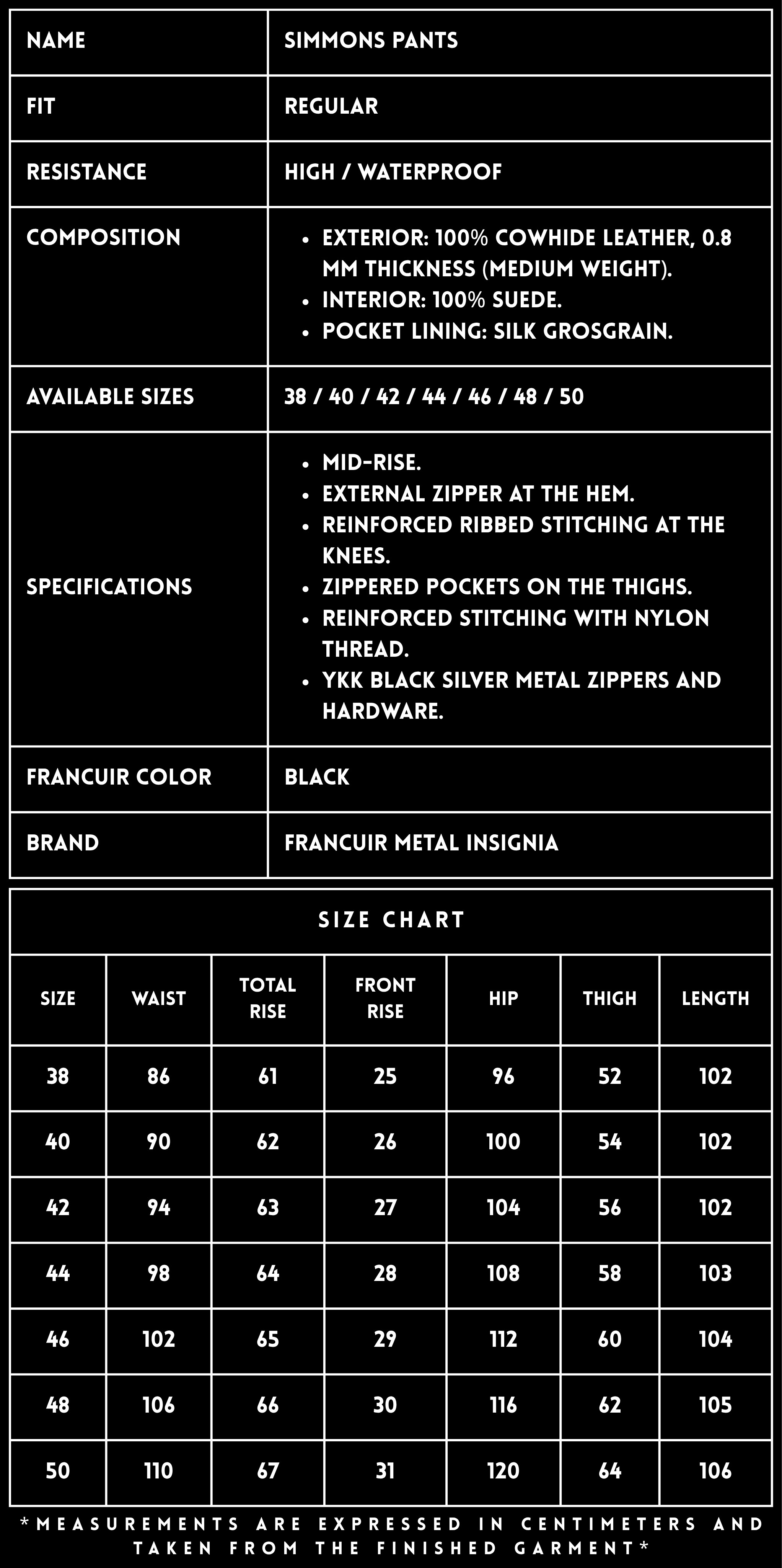 TECHNICAL SPECIFICATIONS &mdash; SIMMONS BLACK LEATHER PANTS | FRANCUIR